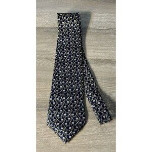 Rene Chagal‎ Handmade Silk NeckTie Navy Blue with Flower and Scroll Pattern
